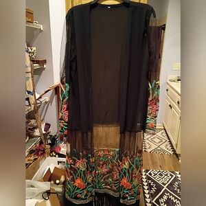 Western Floral Embroidered Black Sheer Duster With Fringe NWOT